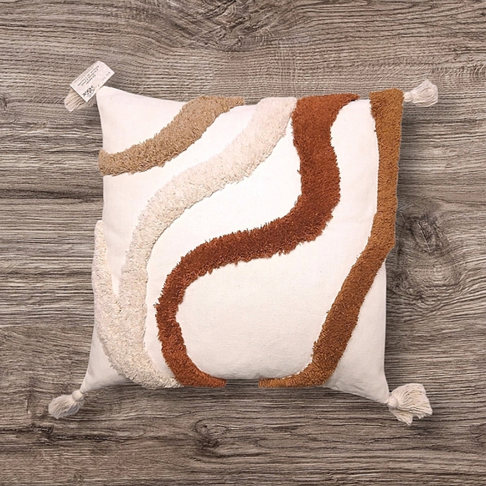 NWT Boho 3D Cream, White, Brown Square Cushion Cover with Tassels